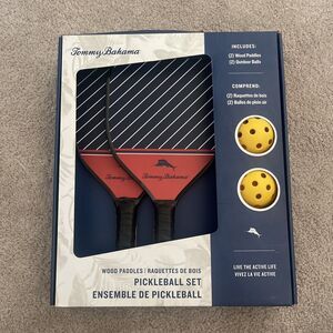 Tommy Bahama Pickleball Set 2-Blue & Red Wooden Paddles 2-Yellow Game Balls NEW